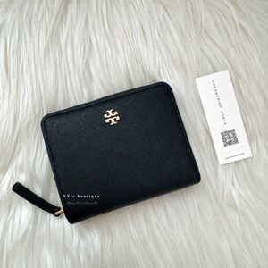 NWT Tory Burch Emerson Mini Wallet Saffiano Leather Black Gold 147606